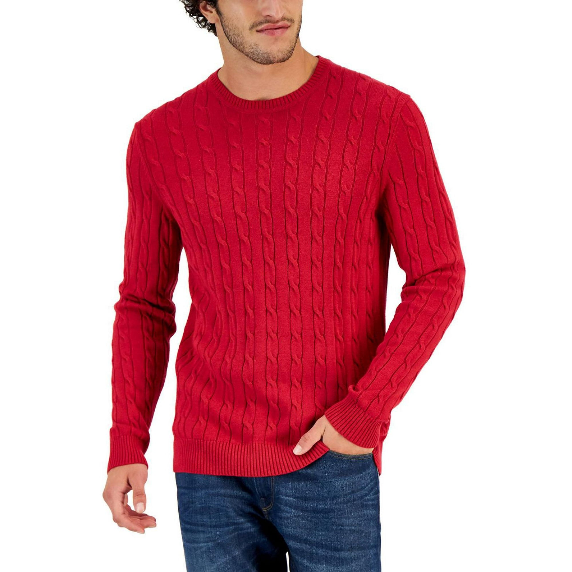 Club Room Mens Cable-Knit Crewneck Sweater Red Size L