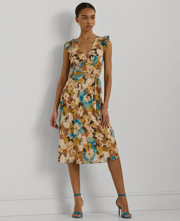 Lauren Ralph Lauren Floral Empire-Waist A-Line Dress Beige Size 6 MSRP $145