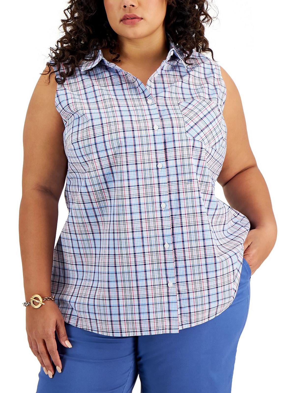 Tommy Hilfiger Women Plus Size 1X Plaid Sleeveless Button-Down Top Blue MSRP $65