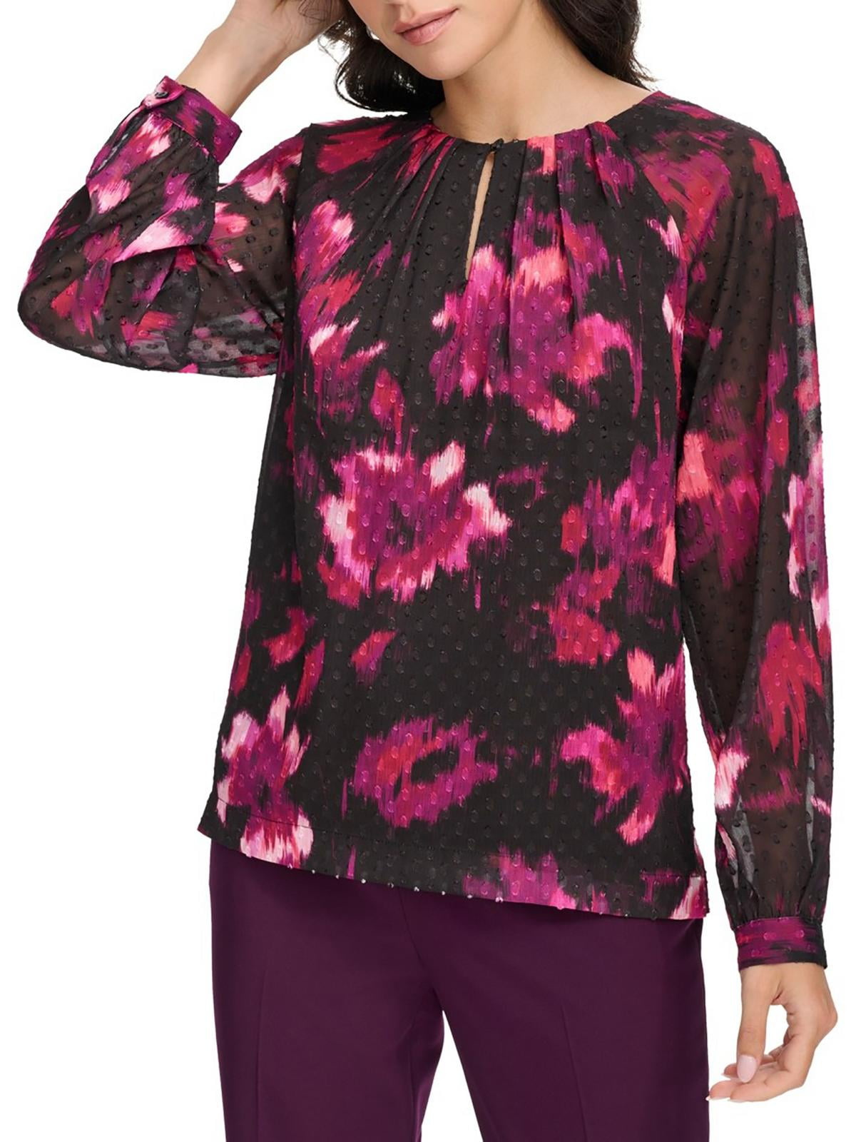 Calvin Klein Womens Printed Chiffon Blouse Black Pink Size XL MSRP $79