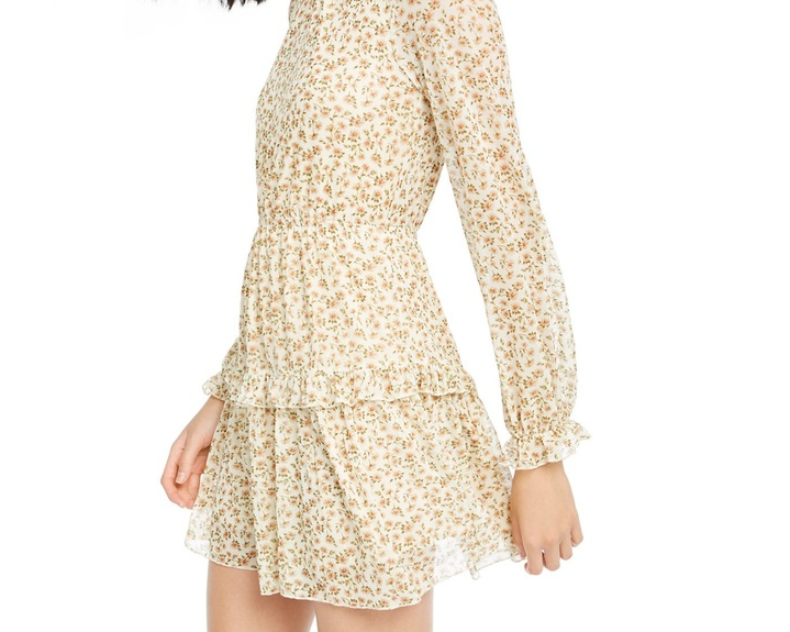 Sadie & Sage Printed Ruffled Mesh Mock-Neck Dress Womens Beige Size L MSRP $79