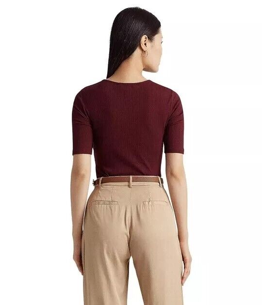 LAUREN RALPH LAUREN Twist-Front Rib-Knit Cotton-Blend T-Shirt Red Size XXL $90