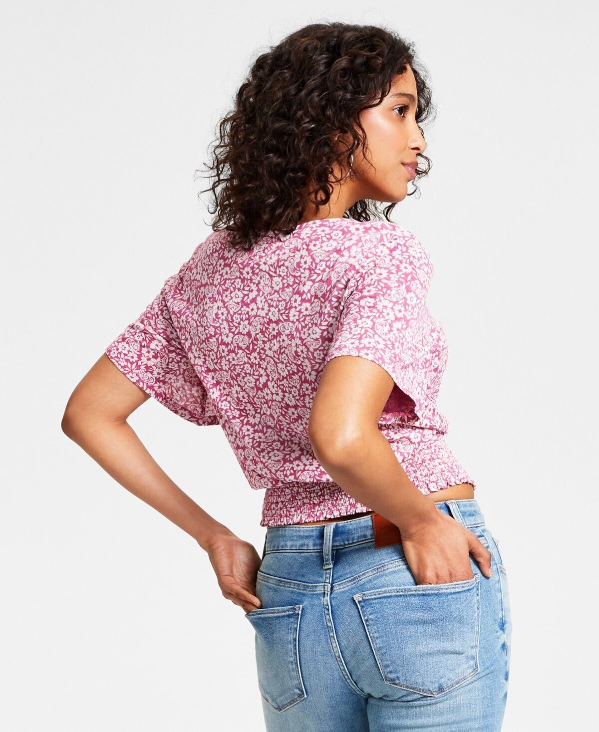 Lucky Brand Women's Printed Floral Surplice Top Pink Size L MSRP $70