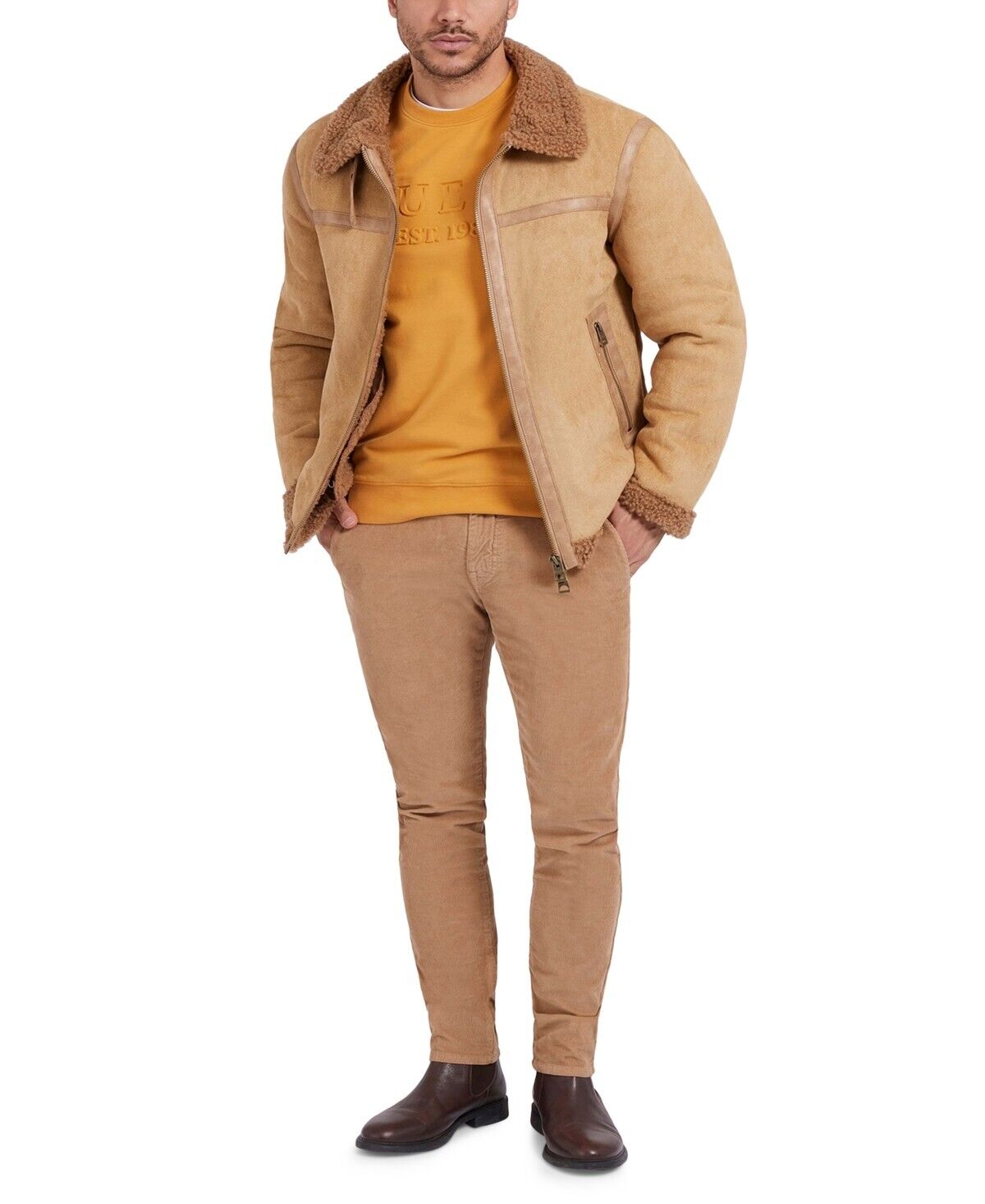 Guess Men's Faux-Shearling Full-Zip Jacket Light Brown Size XXL MSRP $198