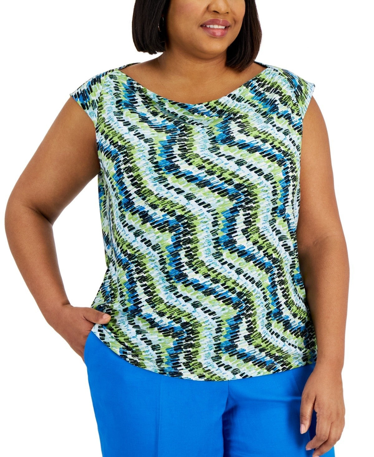 Kasper Plus Size 2X Printed Cowlneck Raglan Cap-Sleeve Top Green MSRP $59