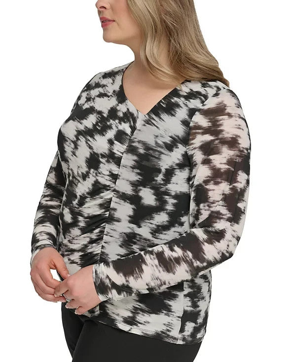 Calvin Klein Plus Size Printed Asymmetric Ruched Top Black Size 1X MSRP $79