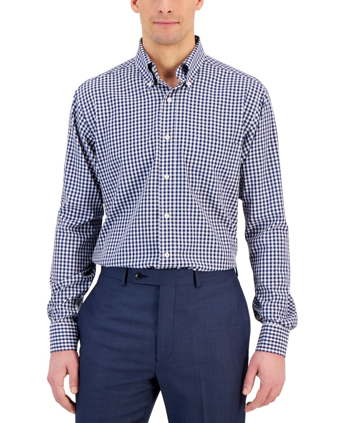 Club Room Men's Regular Fit Traveler Dress Shirt Blue Checks Size 17 x 32/33