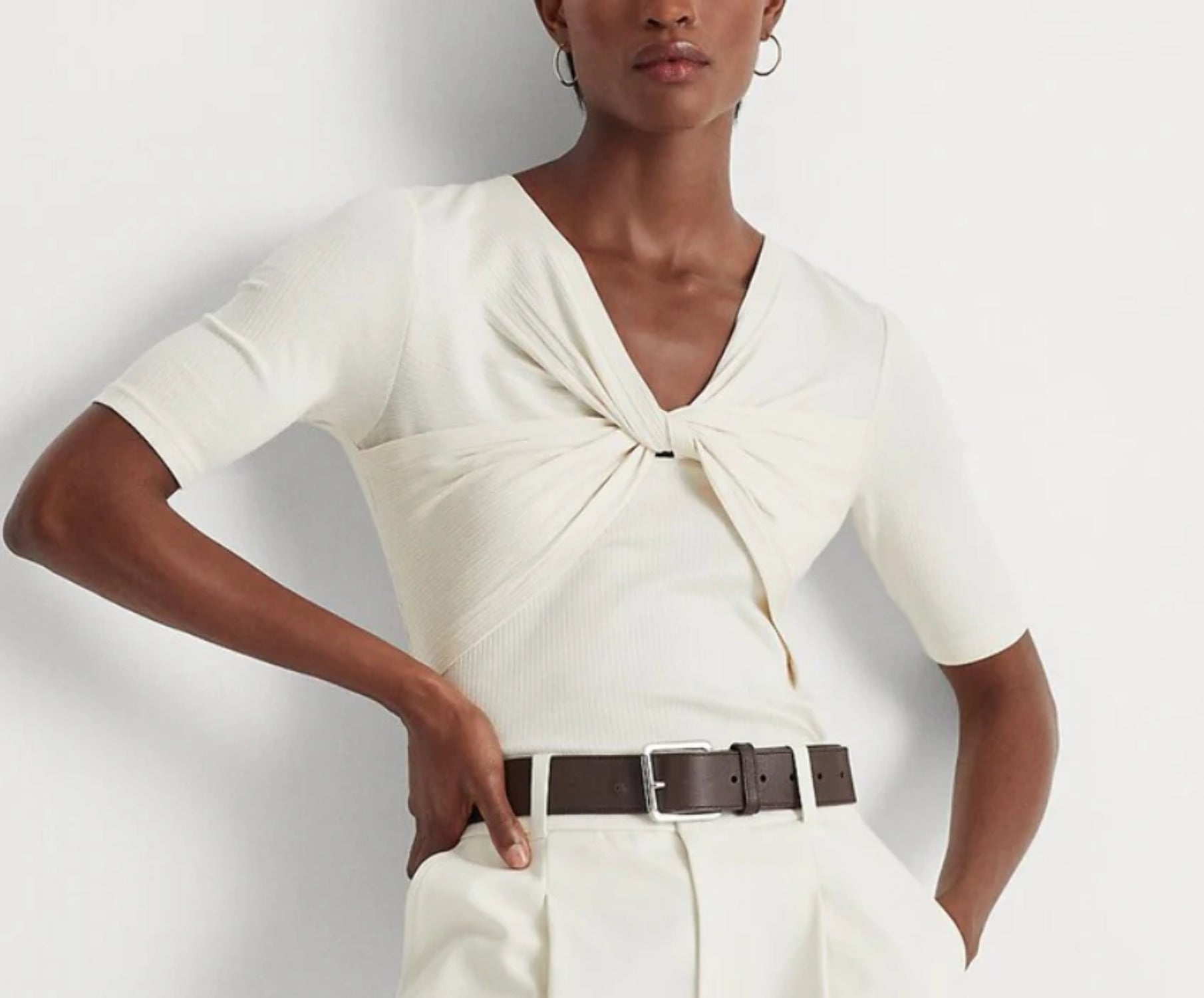 Lauren Ralph Lauren Womens Twist Front Ribbed Pullover Top Cream Size XL