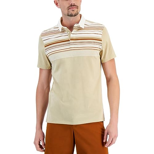 Alfani Mens Striped Collar Polo Shirt Tan Beige Size M
