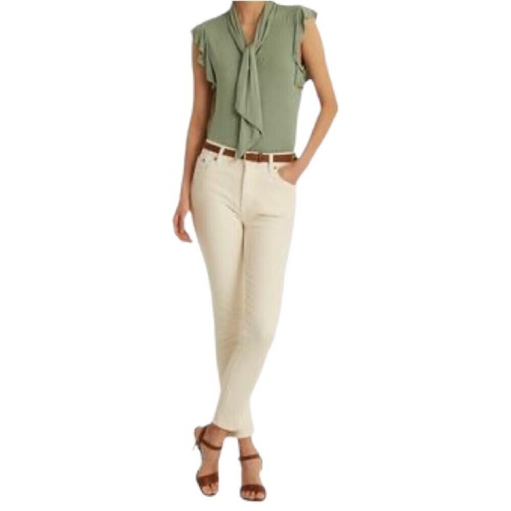 Ralph Lauren Ruffle-Sleeve Tie Neck Top Olive Green Size M MSRP $70