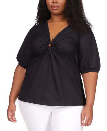 Michael Michael Kors Plus Size 2X Cotton Poplin 3/4-Sleeve Top Black MSRP $115