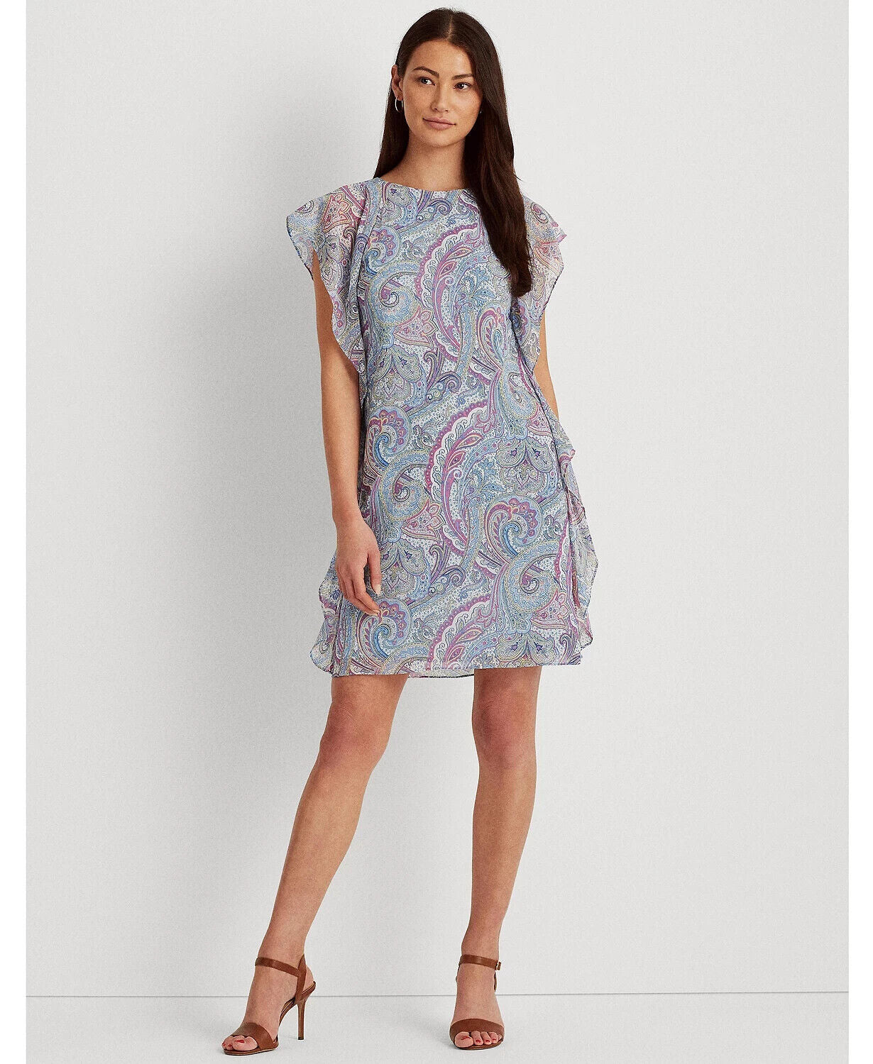 Lauren Ralph Lauren Womens Ruffled Georgette Shift Dress blue Size 16 MSRP $125