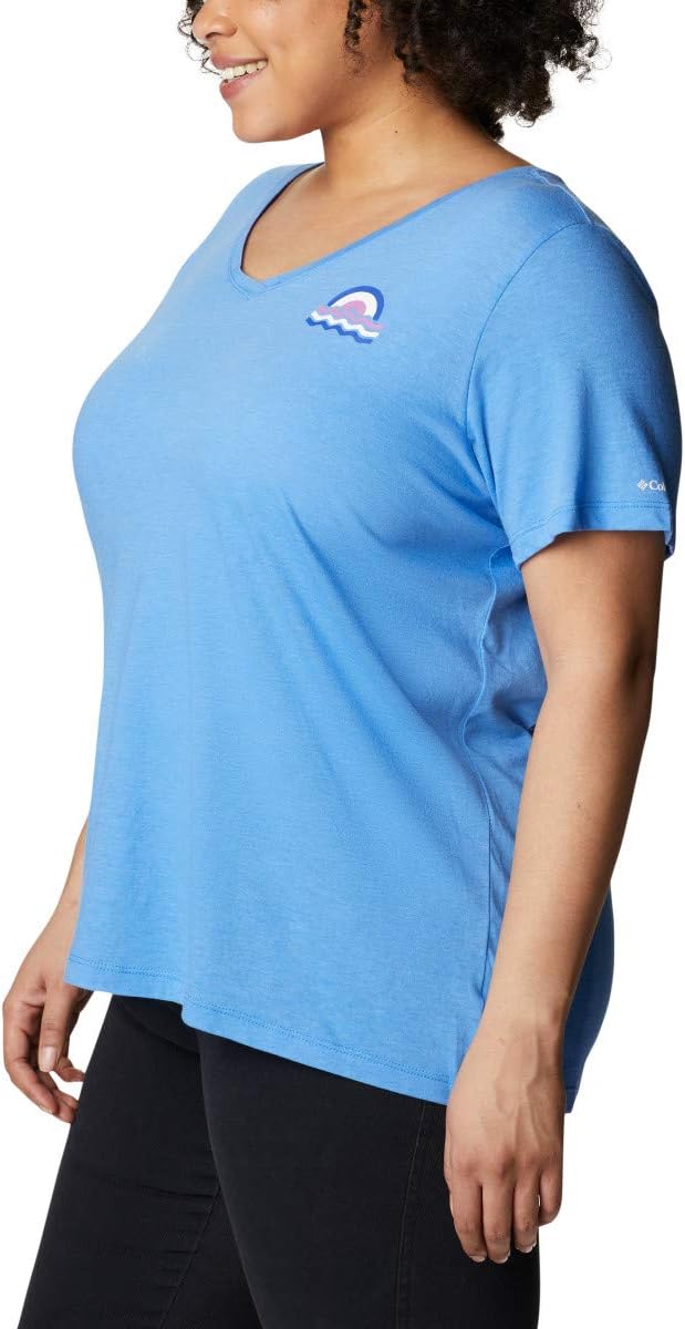 Columbia Women's Bluebird Day Relaxed V Neck, Harbor Blue Heather, 2X Plus Size