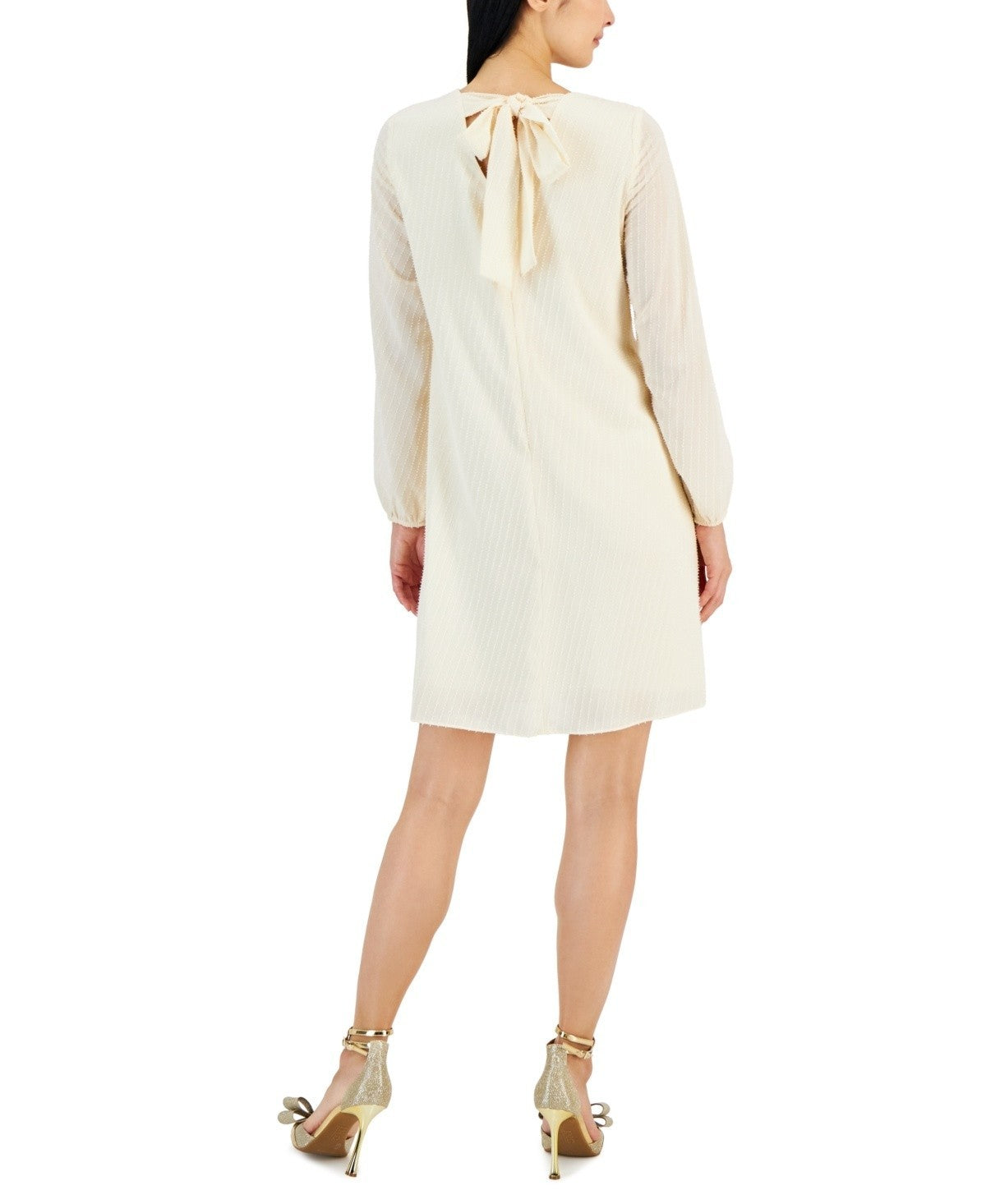 INC Women's Textured Chiffon Long-Sleeve Bow-Back Dress Ivory Size XL MSRP $79