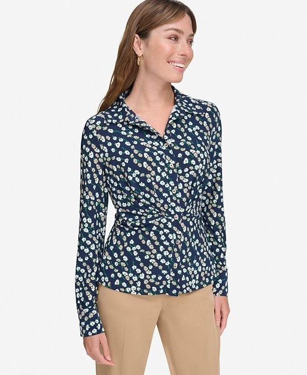 Tommy Hilfiger Women's Printed Button-Front Blouse Size L NAVY $79