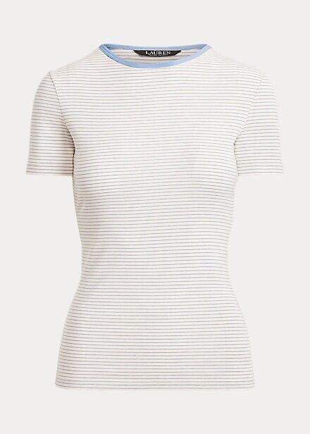 Lauren Ralph Lauren Short Sleeve Striped T-Shirt Cream Blue Petite Size PS $45