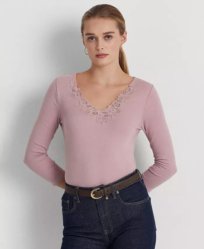 LAUREN RALPH LAUREN Women's Lace-Trim Stretch Cotton Top Pink Size S MSRP $100