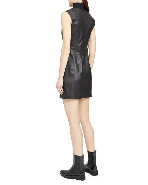 Theory Womens Mix Media Leather Rib Knit Dress Black Size 4 MSRP $795