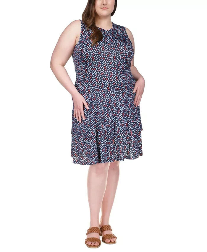 MICHAEL KORS Printed Flounce Dress Blue Plus Size 2X MSRP $110