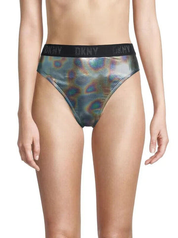 DKNY High-Rise Holographic Brief Swimwear Bottom Silver Size L MSRP $58