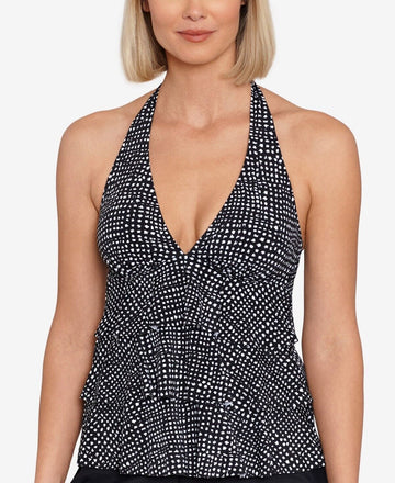 SWIM SOLUTIONS Women's Printed Tiered Halter Tankini Top Black Size 18 MSRP $72