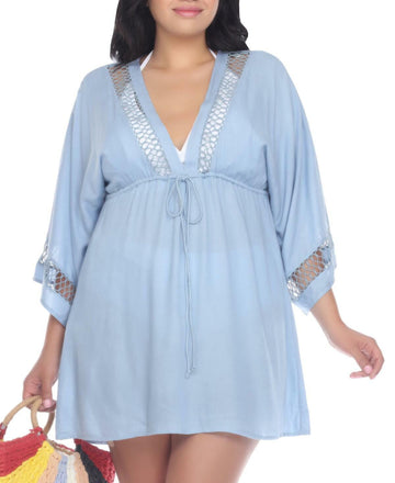 Raviya Crochet-Trim Cover-Up Dress Womens Swimsuit Plus Size 0X Blue MSRP $58