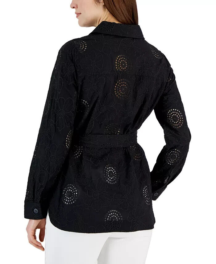 Tahari ASL Women's Cotton Floral Eyelet Tie-Waist Shacket BLACK Size 4 MSRP $99