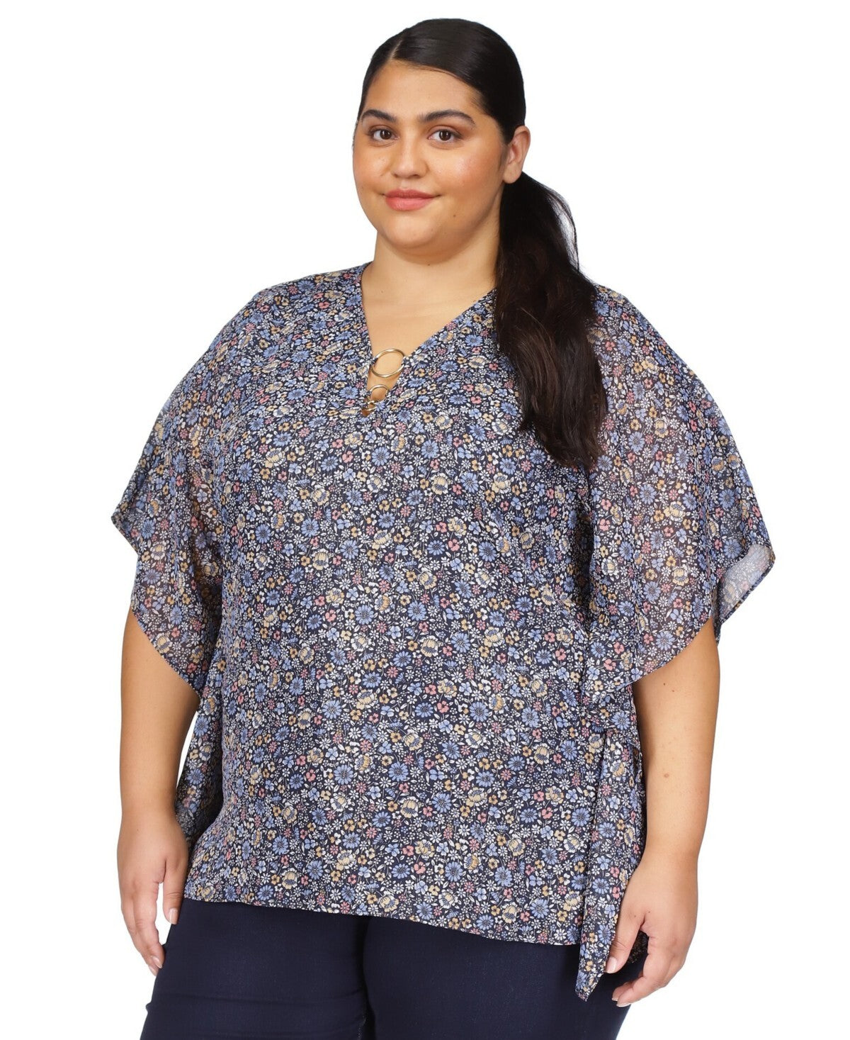 Michael Kors Plus Size Floral-Print Poncho Top Blue Size 1X MSRP $110