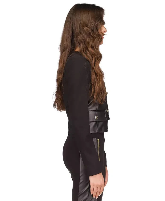 Michael Kors Women's Button-Front Mixed-Media Jacket Black Size P/L MSRP $175