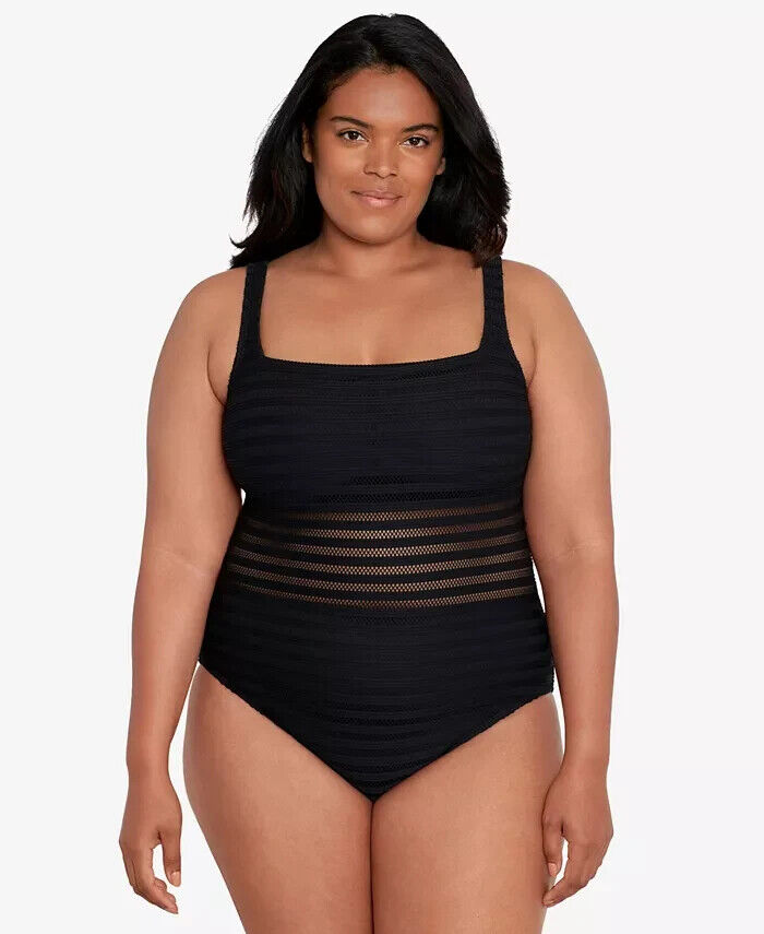 LAUREN RALPH LAUREN Illusion-Stripes One-Piece Swimsuit Black Plus Size 18W $170
