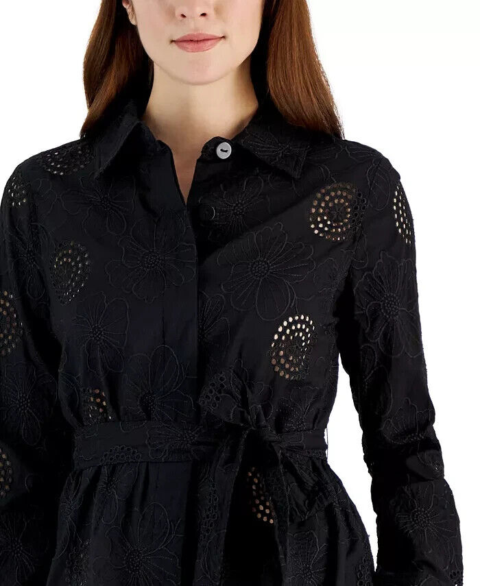 Tahari ASL Women's Cotton Floral Eyelet Tie-Waist Shacket BLACK Size 4 MSRP $99