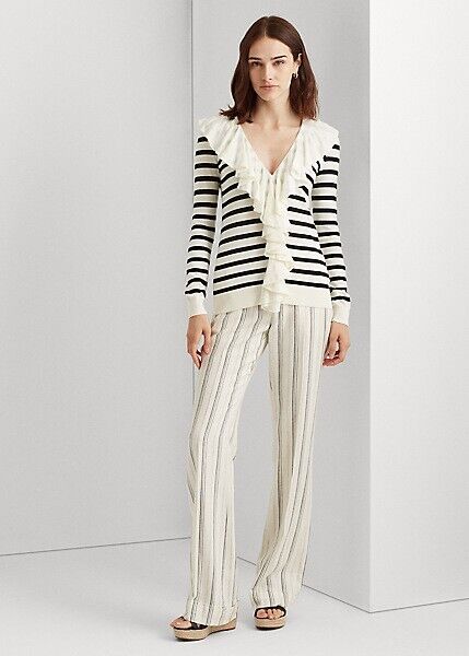Lauren Ralph Lauren Women Striped Ruffled Cardigan Ivory Black Size S MSRP $125
