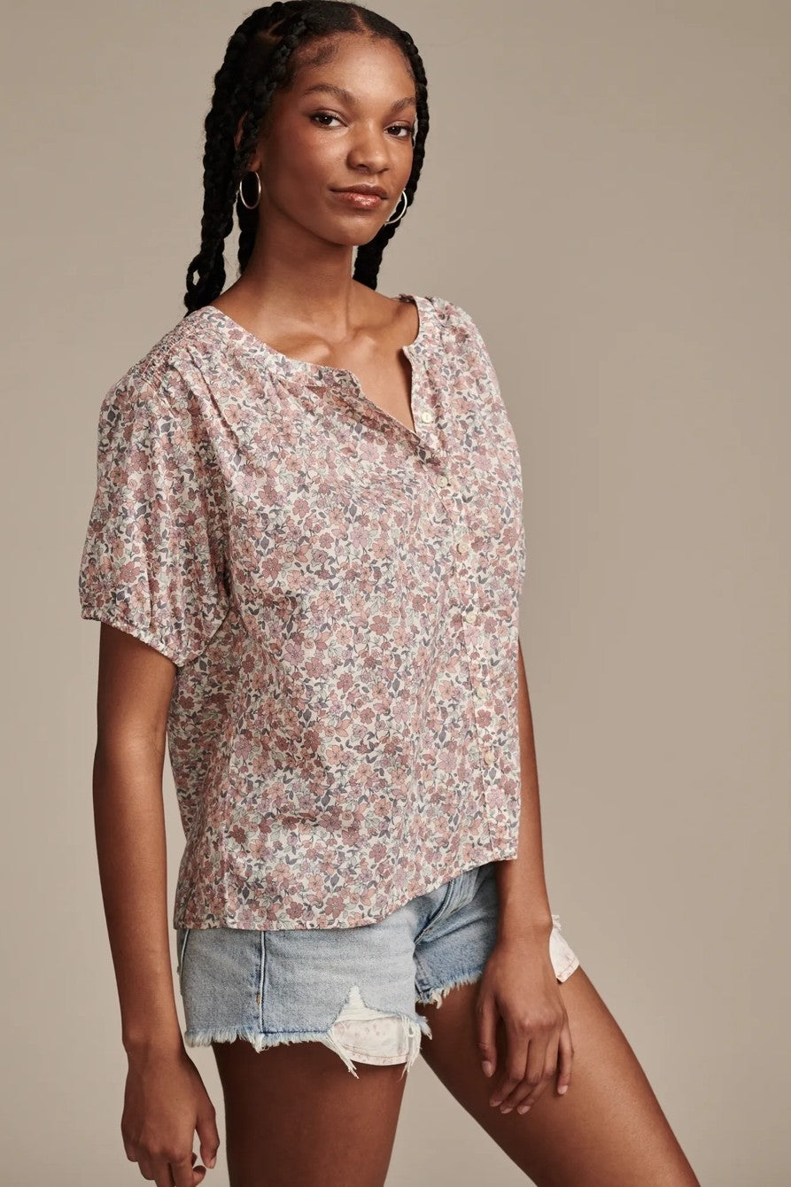 Lucky Brand Womens Printed Cotton Top Smocked blouse Pink Size XXL MSRP $80
