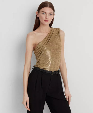 LAUREN RALPH LAUREN Women Foil-Print Jersey One-Shoulder Top Brown Size XXL $90