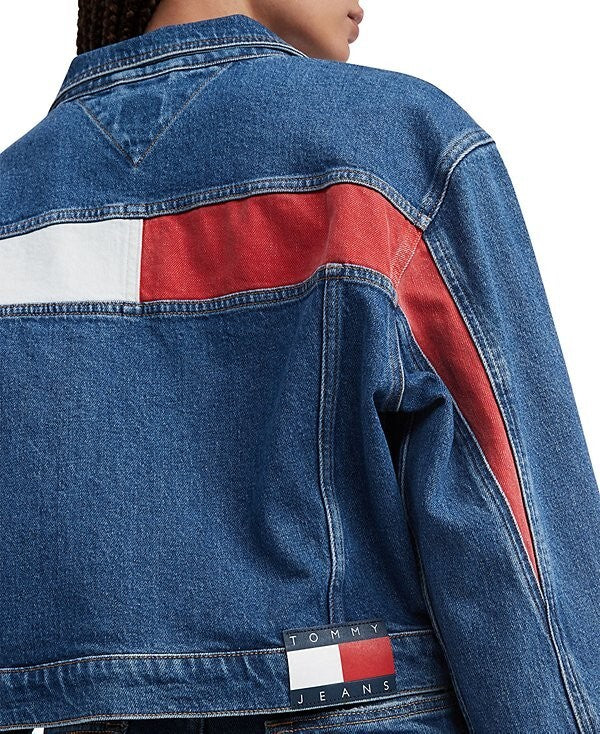 Tommy Jeans Women's Claire Cropped Denim Flag Jacket Blue Size L MSRP $149