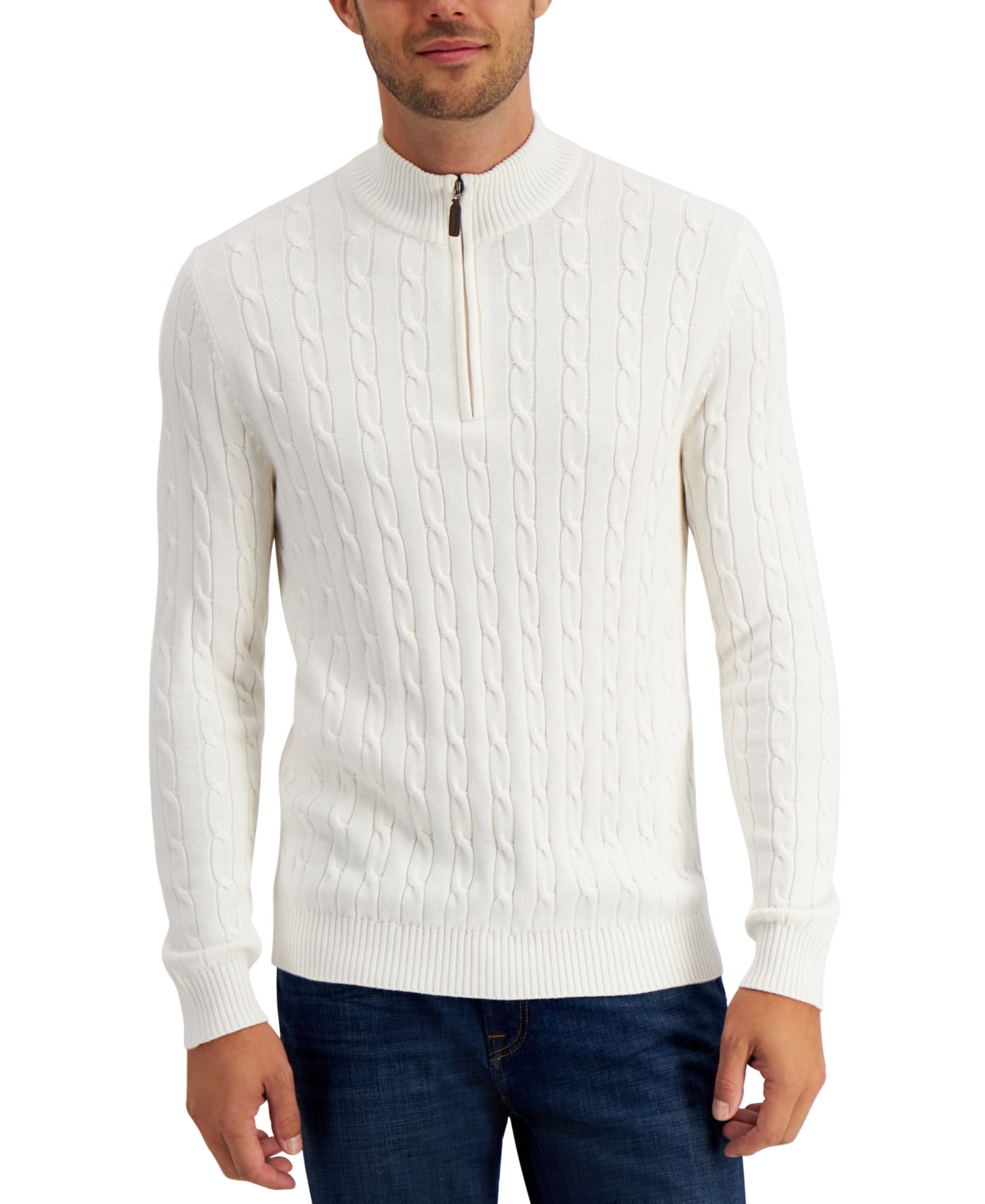 Club Room Men's Cable Knit Quarter Zip Sweater Winter Ivory XL Cotton