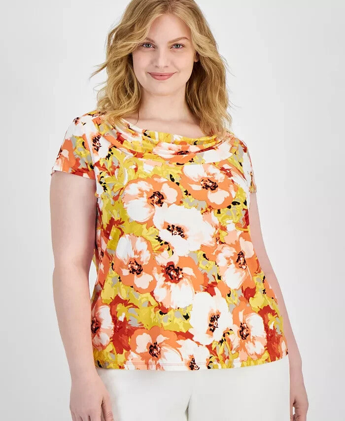 Kasper Cowl-Neck Cap-Sleeve PapayaVanilla Ice Plus Size 1X Orange MSRP $59