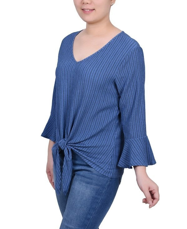 NY Collection Petite Large PL 3/4 Bell Sleeve Textured Knit Top BLUE $43