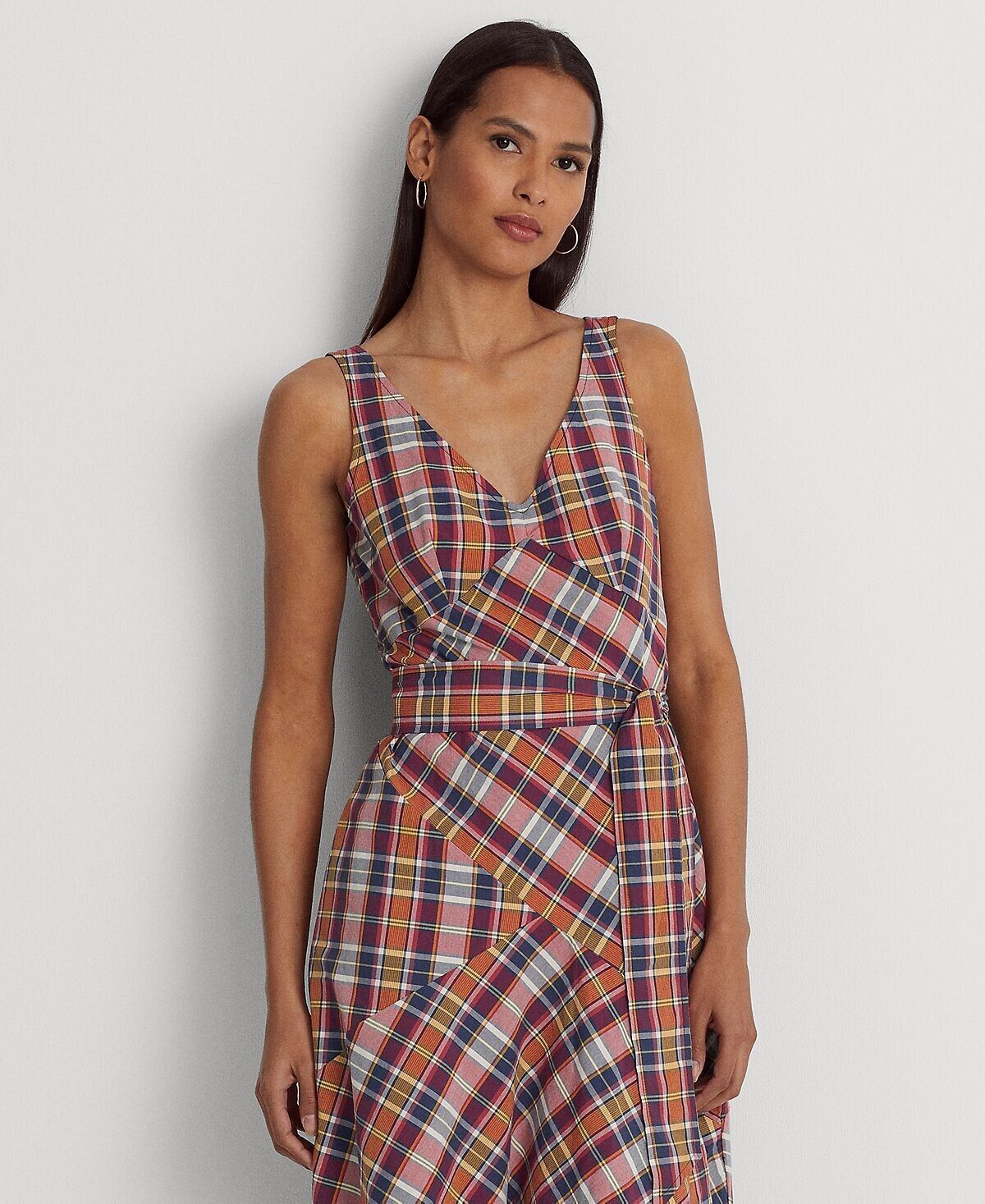 LAUREN Ralph Lauren Belted Cotton Madras Dress Purple Navy Size 18 MSRP $195