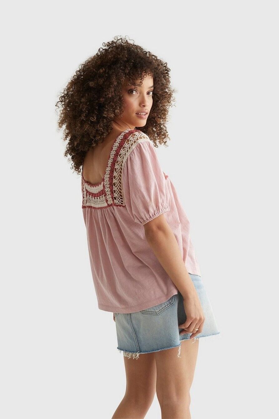 Lucky Brand Women's Square Neck Crochet Top Pink Size XS MSRP $70
