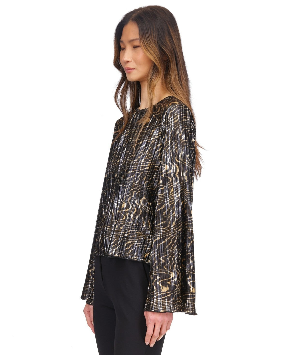 Michael Kors Women Printed Pleated Bell-Sleeve Top Black Gold Size XL MSRP $110