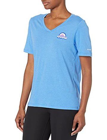 Columbia Women's Bluebird Day Relaxed V Neck, Harbor Blue Heather, 2X Plus Size