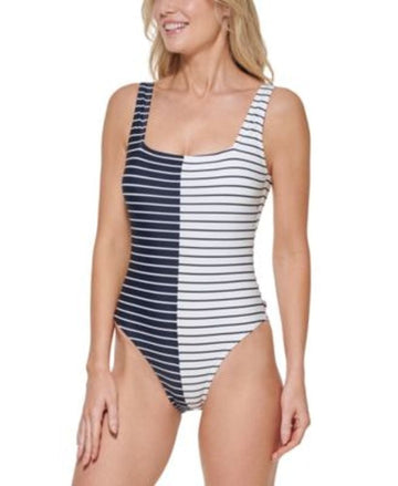 Tommy Hilfiger Women's Split Striped Tank One Piece Swimsuit Blue Size 12