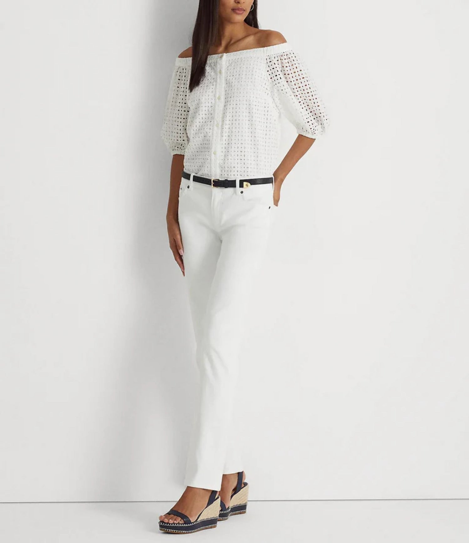 LAUREN RALPH LAUREN Eyelet Cotton Off-the-Shoulder Blouse White Size XS