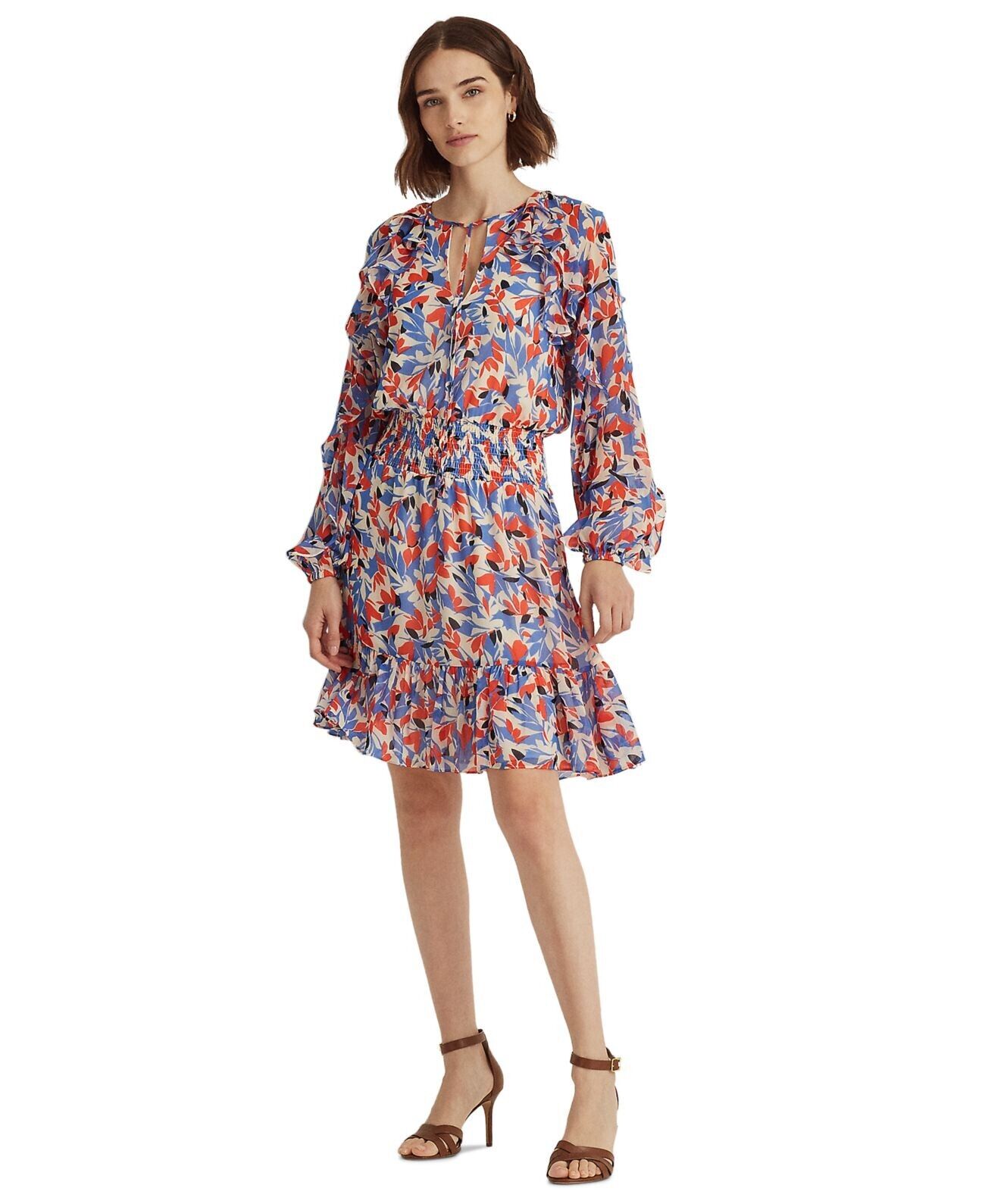 Lauren Ralph Lauren Petite Fit Flare Floral Dres Blue orange Multi Size 2P $185