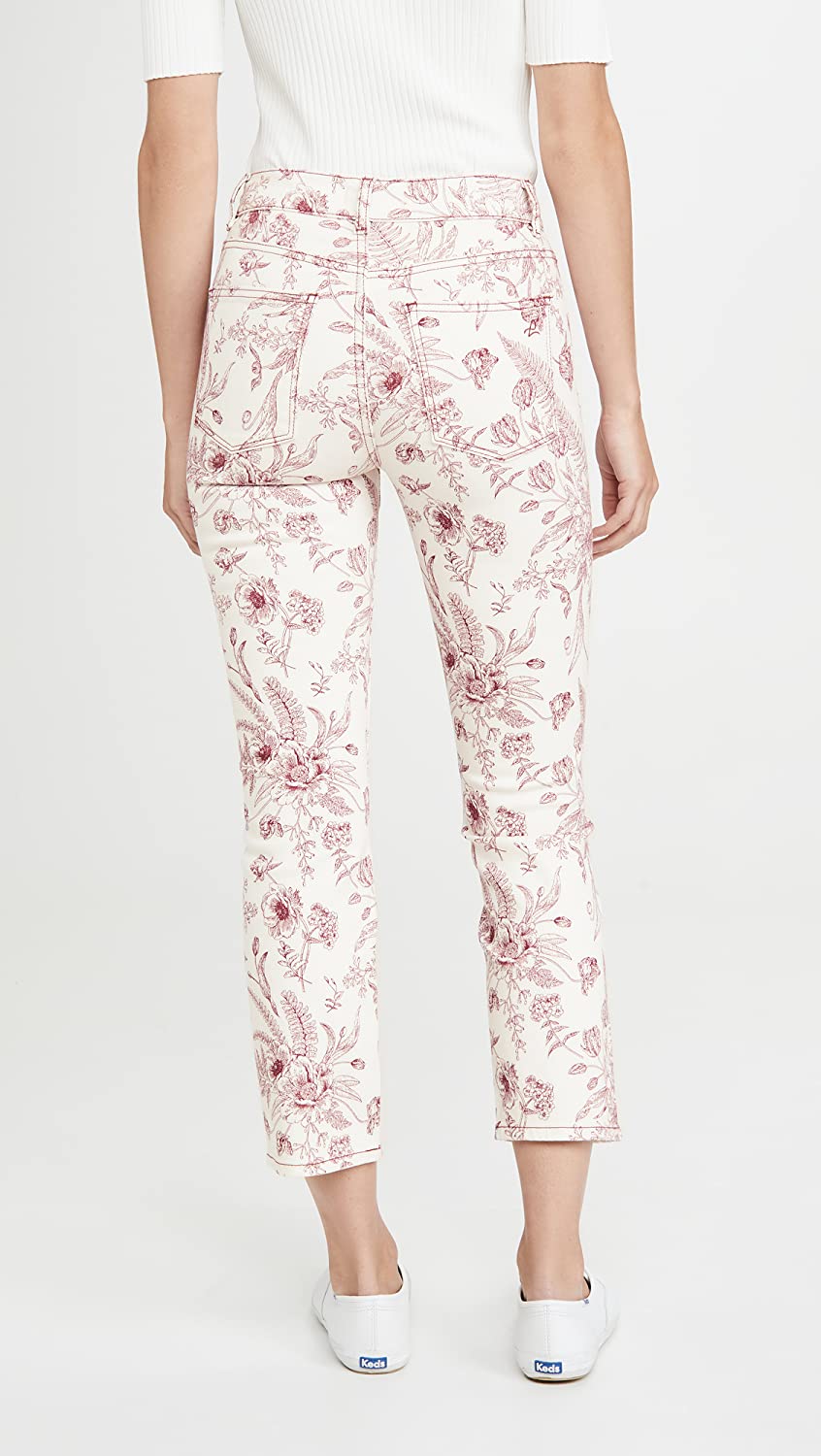 DL1961 Women's Mara Ankle High Rise Straight Jeans, Floral, White Size 27
