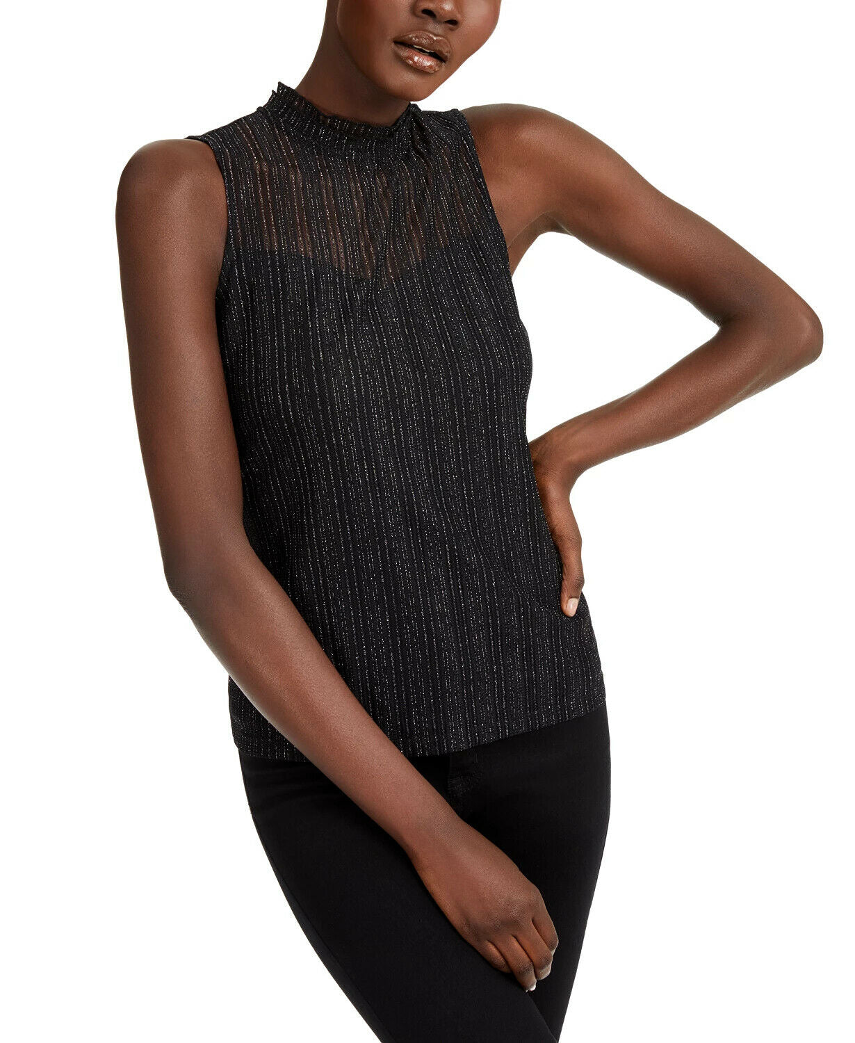 INC Sleeveless Shine Mock-Neck Top womens black Size S MSRP $60