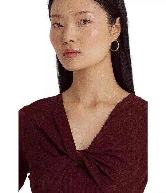 LAUREN RALPH LAUREN Twist-Front Rib-Knit Cotton-Blend T-Shirt Red Size XXL $90