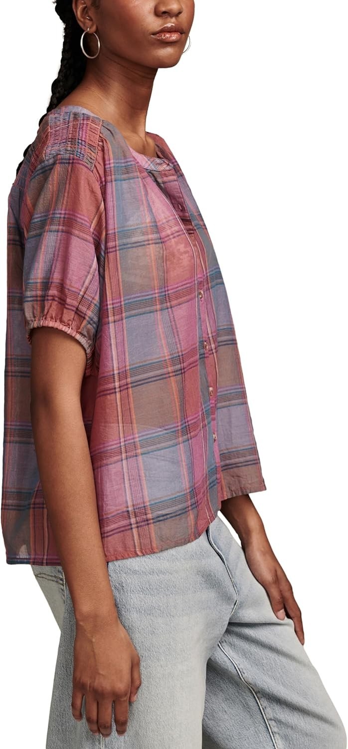 Lucky Brand Women's Cotton Plaid Smocked-Shoulder Blouse Pink Size M MSRP $80