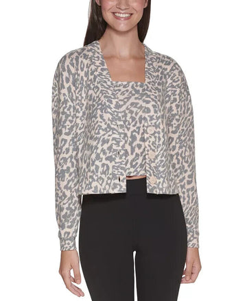 Calvin Klein Jeans Printed Cropped Sweater Cardigan Beige Gray Size M MSRP $60